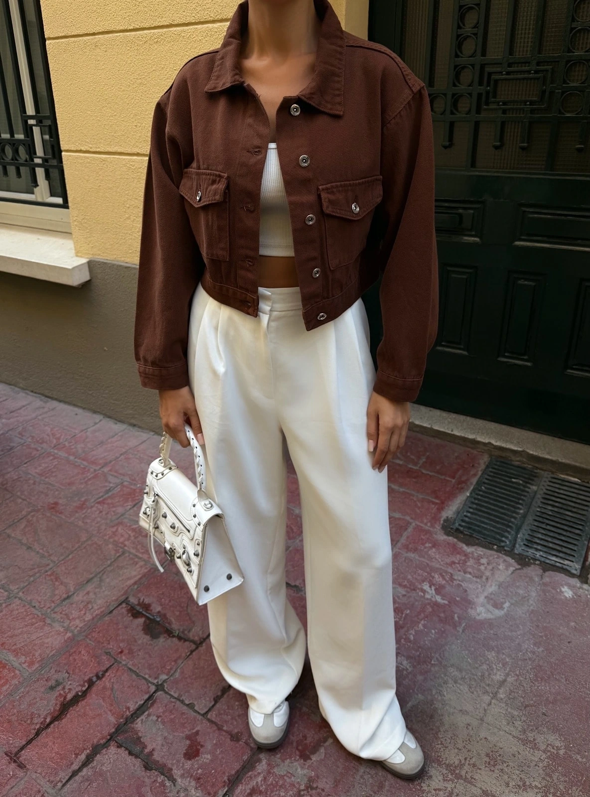 Pullaps Çift Cep Denim Crop Ceket Kahve