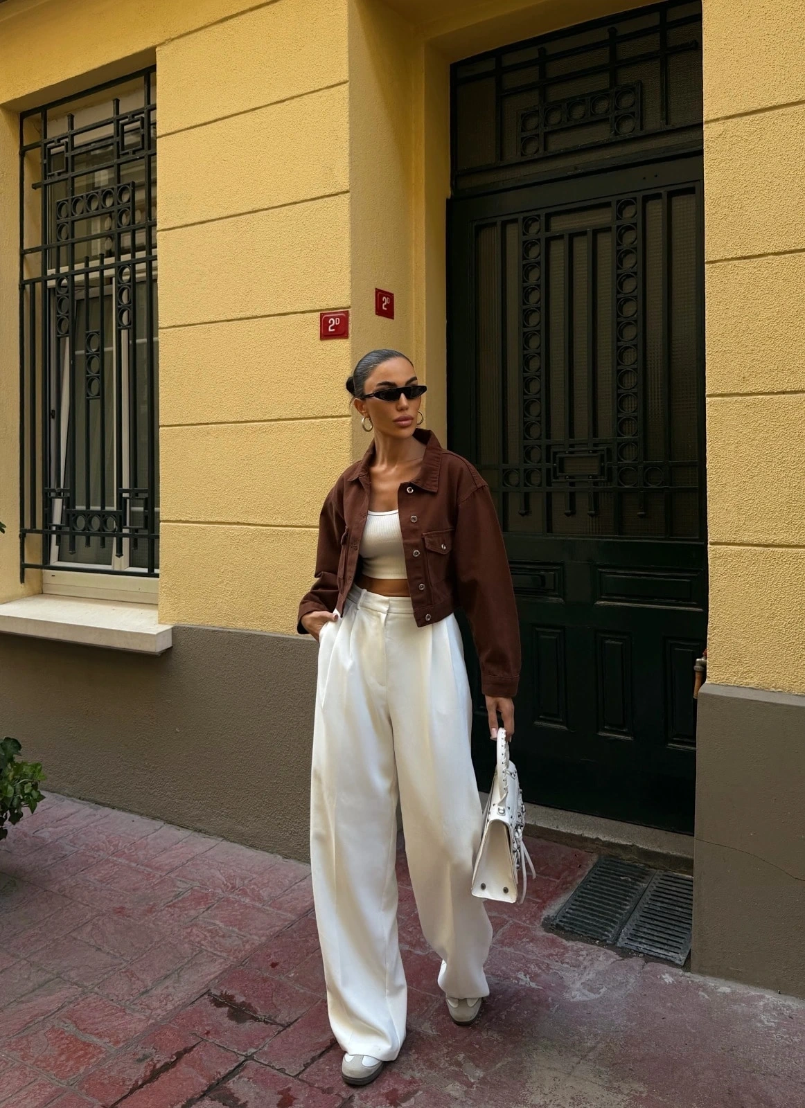 Pullaps Çift Cep Denim Crop Ceket Kahve