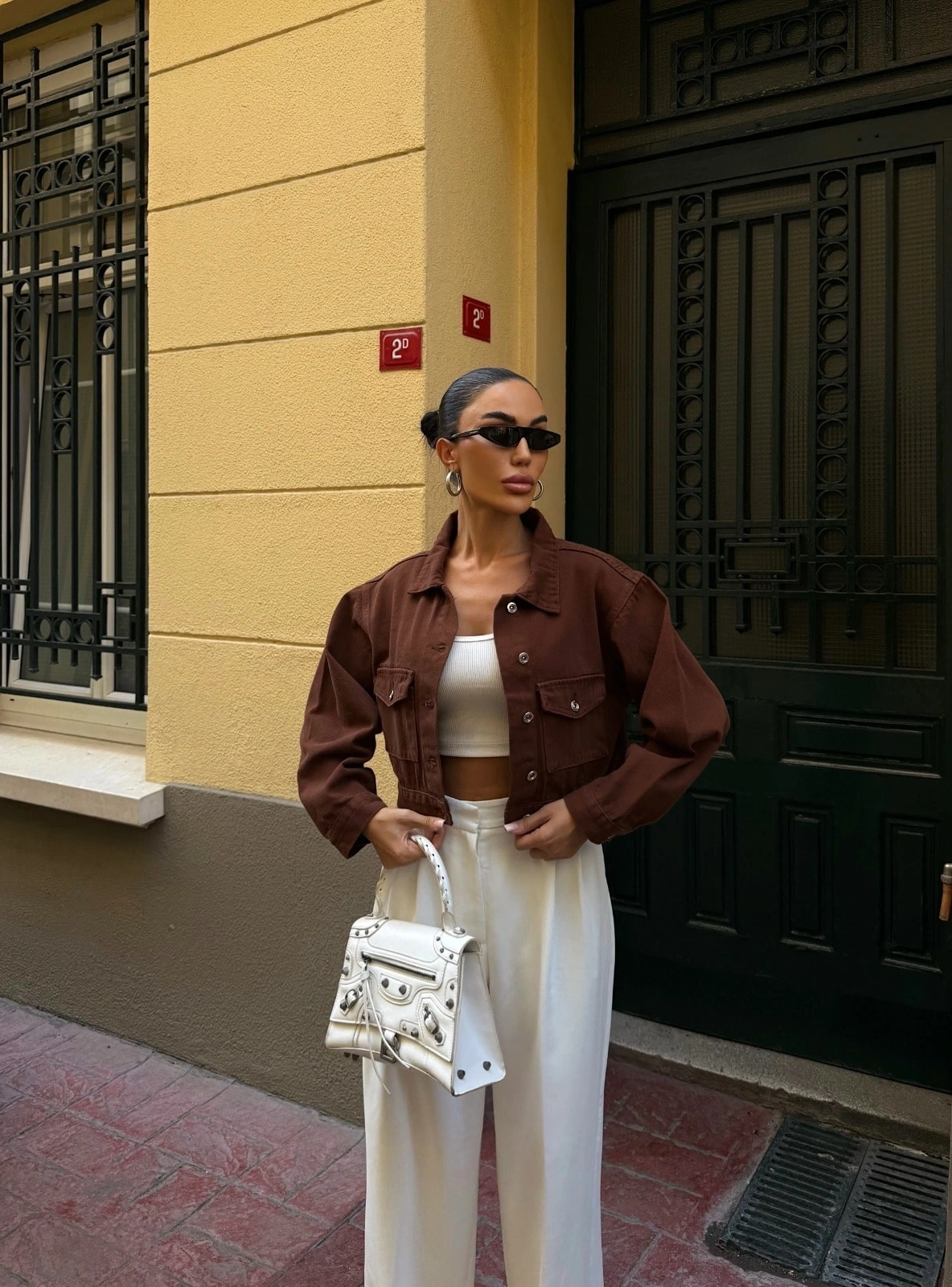 Pullaps Çift Cep Denim Crop Ceket Kahve