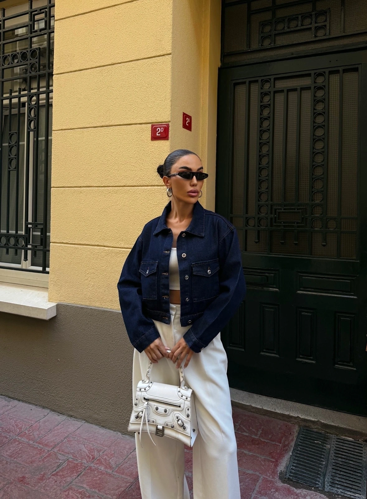 Pullaps Çift Cep Denim Crop Ceket Lacivert