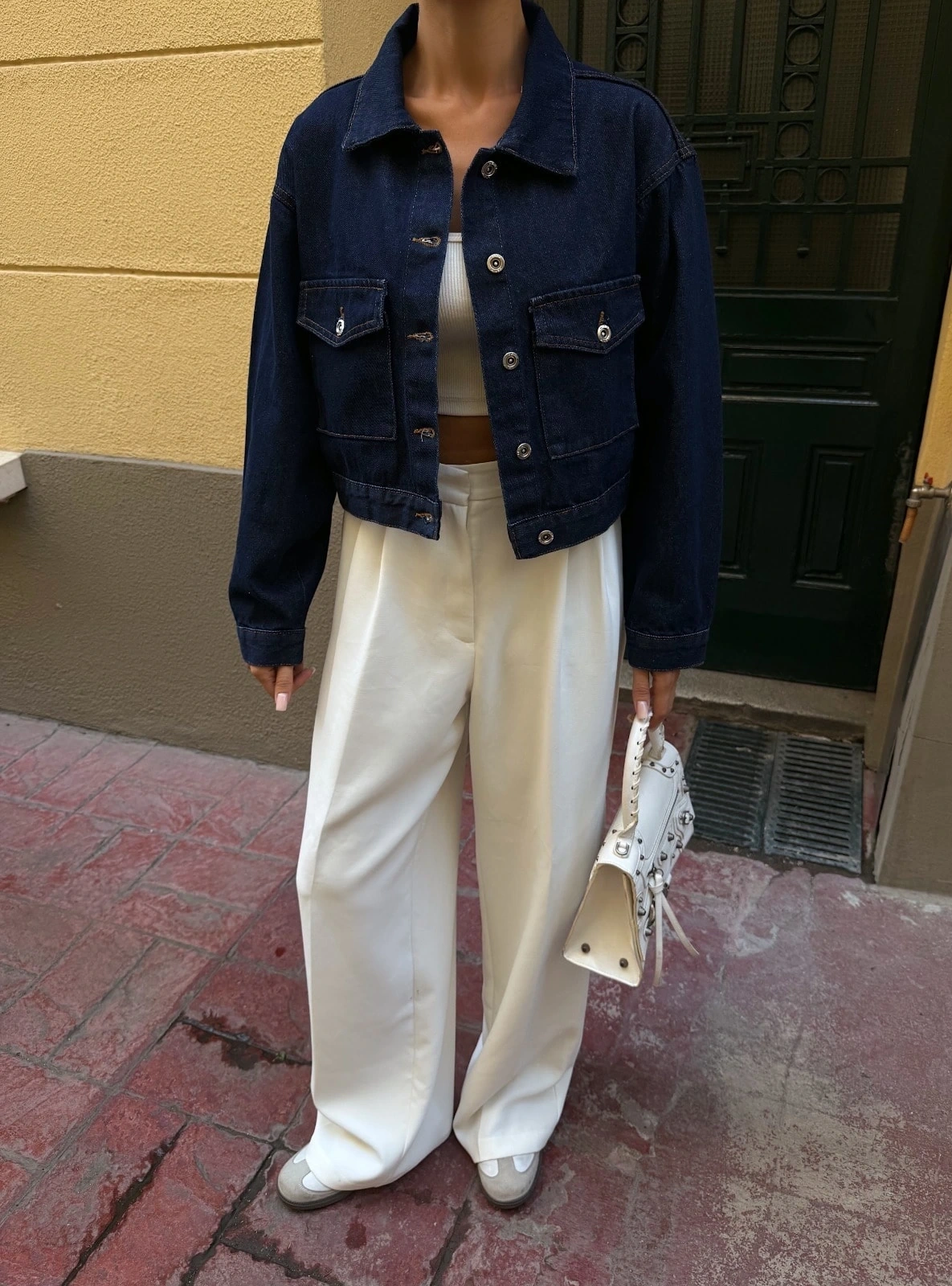 Pullaps Çift Cep Denim Crop Ceket Lacivert