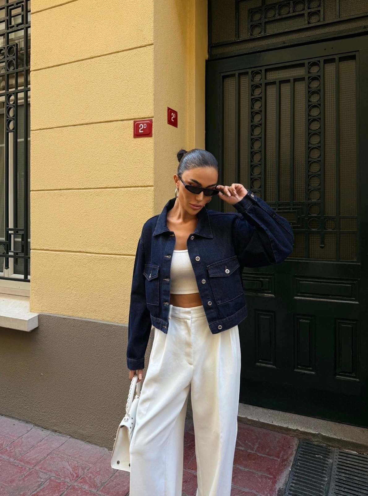 Pullaps Çift Cep Denim Crop Ceket Lacivert