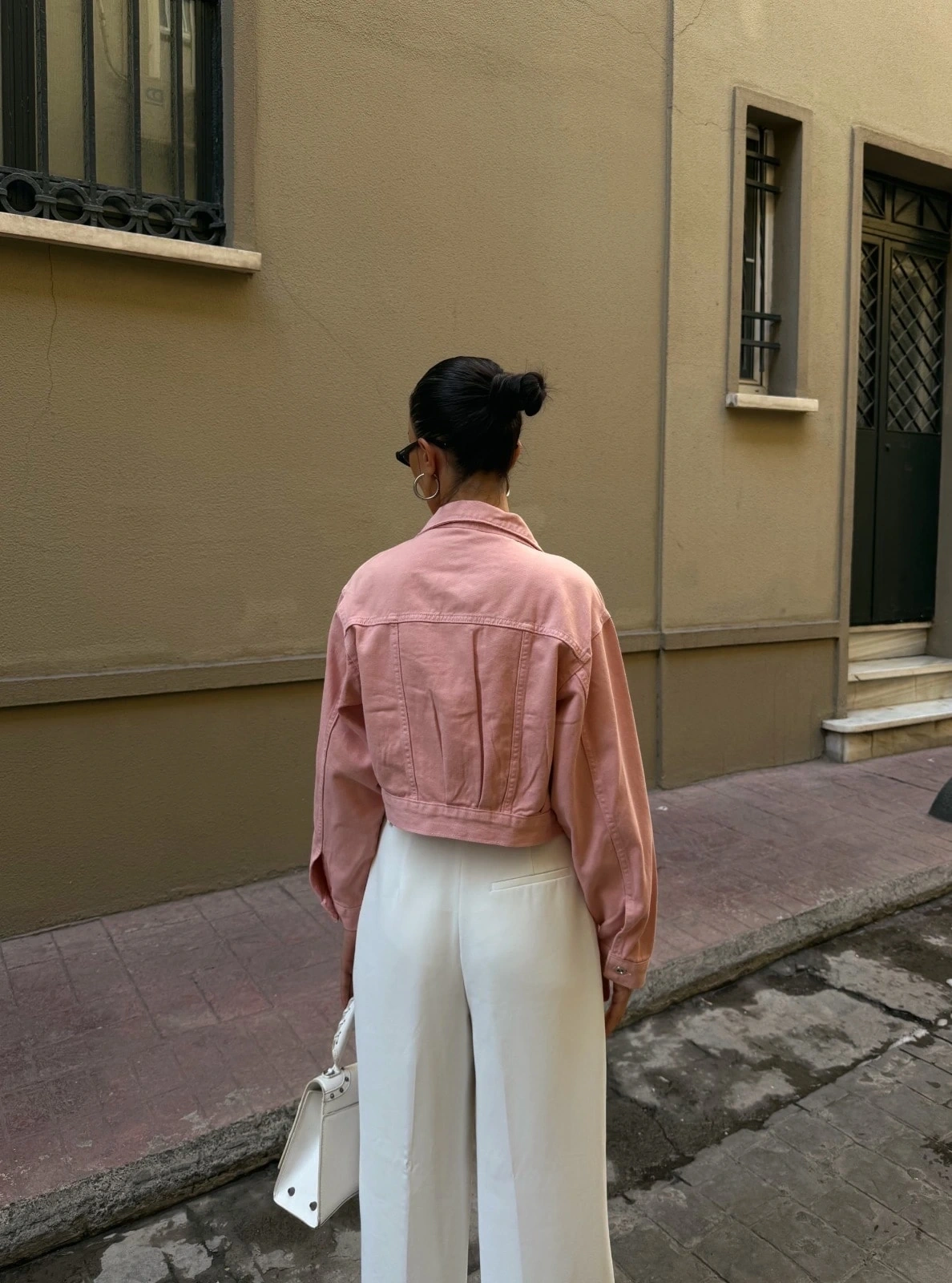 Pullaps Çift Cep Denim Crop Ceket Pudra