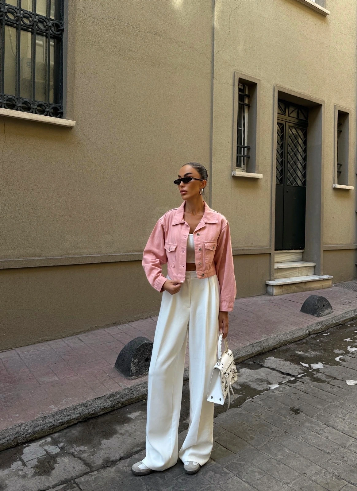 Pullaps Çift Cep Denim Crop Ceket Pudra