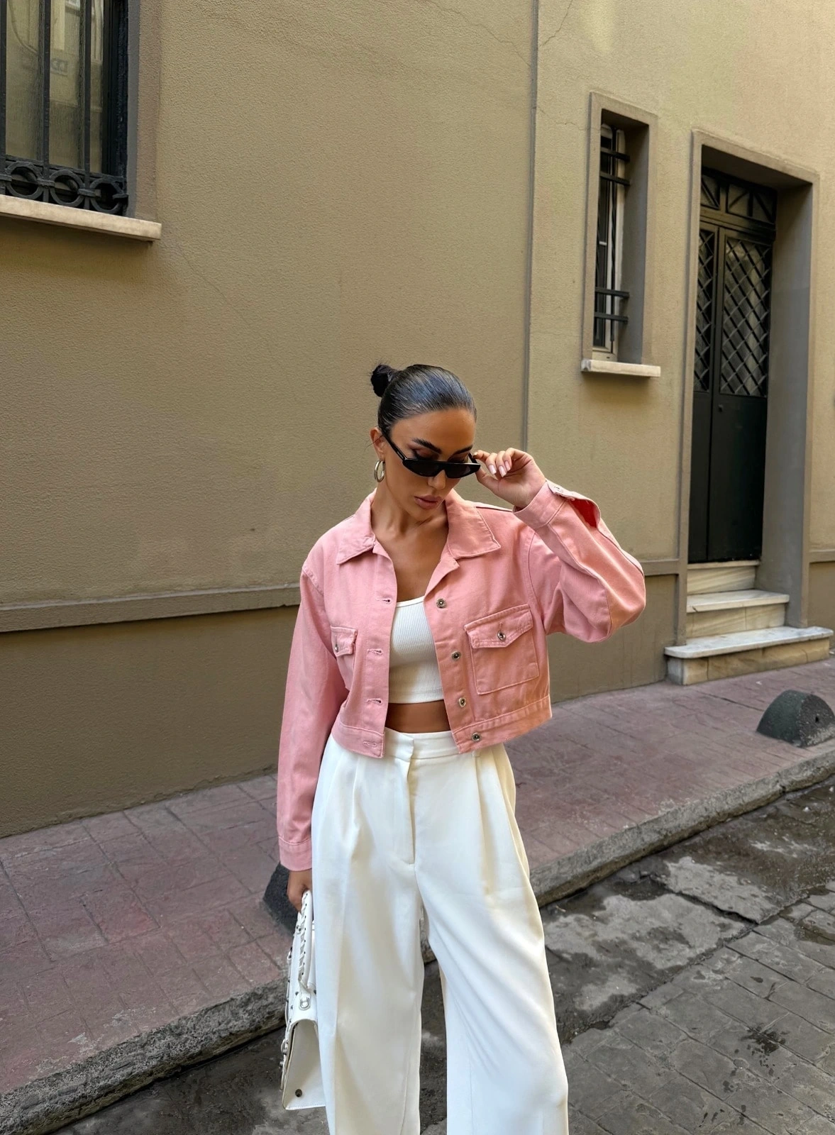 Pullaps Çift Cep Denim Crop Ceket Pudra