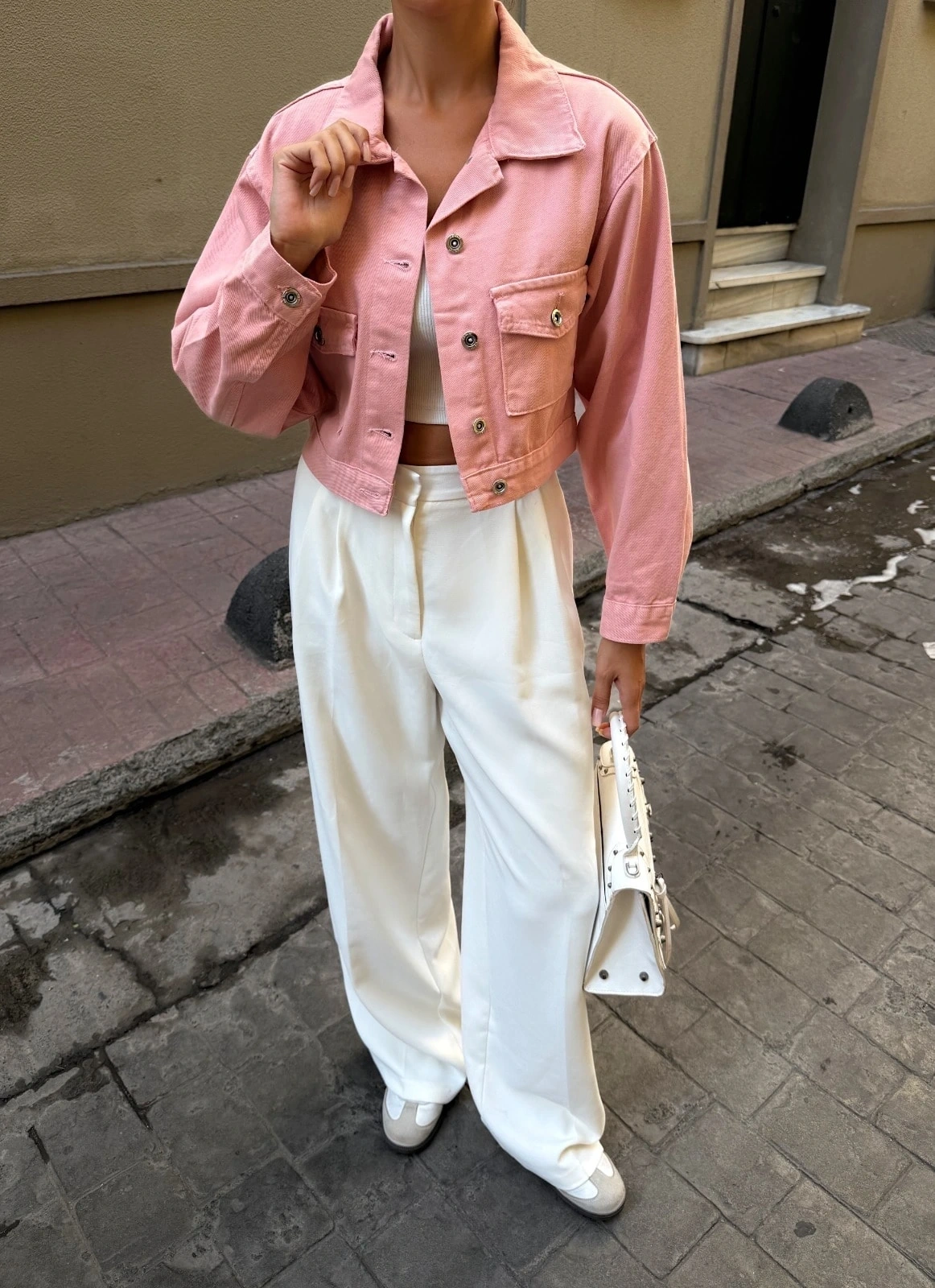 Pullaps Çift Cep Denim Crop Ceket Pudra