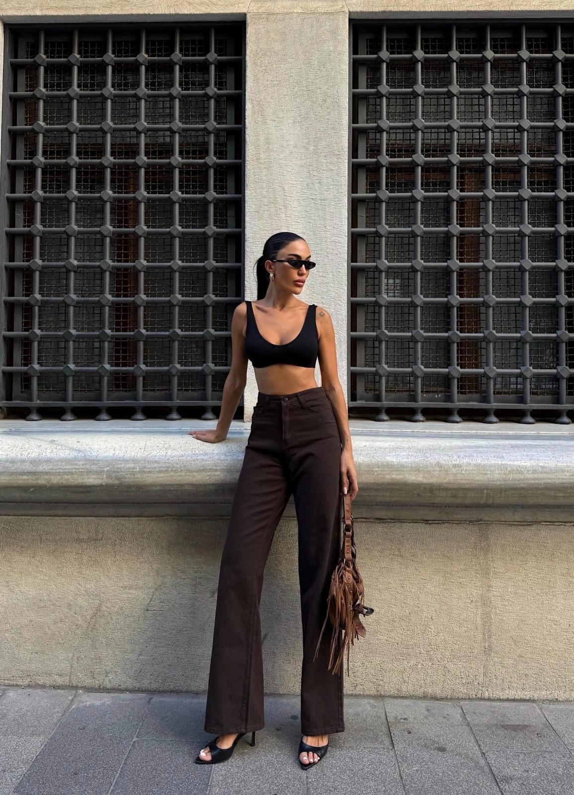 Pullaps Yüksek Bel İspanyol Paça Denim Pantolon Kahve