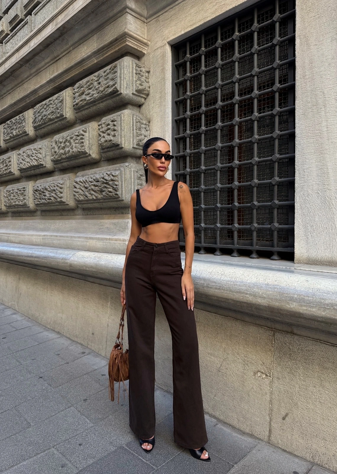 Pullaps Yüksek Bel İspanyol Paça Denim Pantolon Kahve