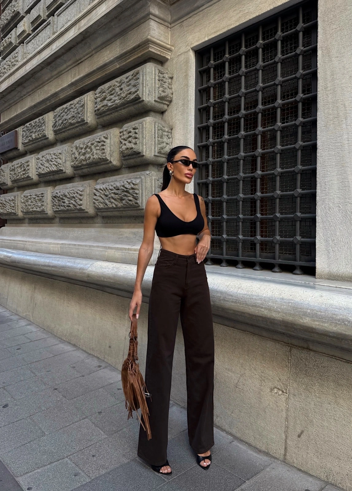 Pullaps Yüksek Bel İspanyol Paça Denim Pantolon Kahve