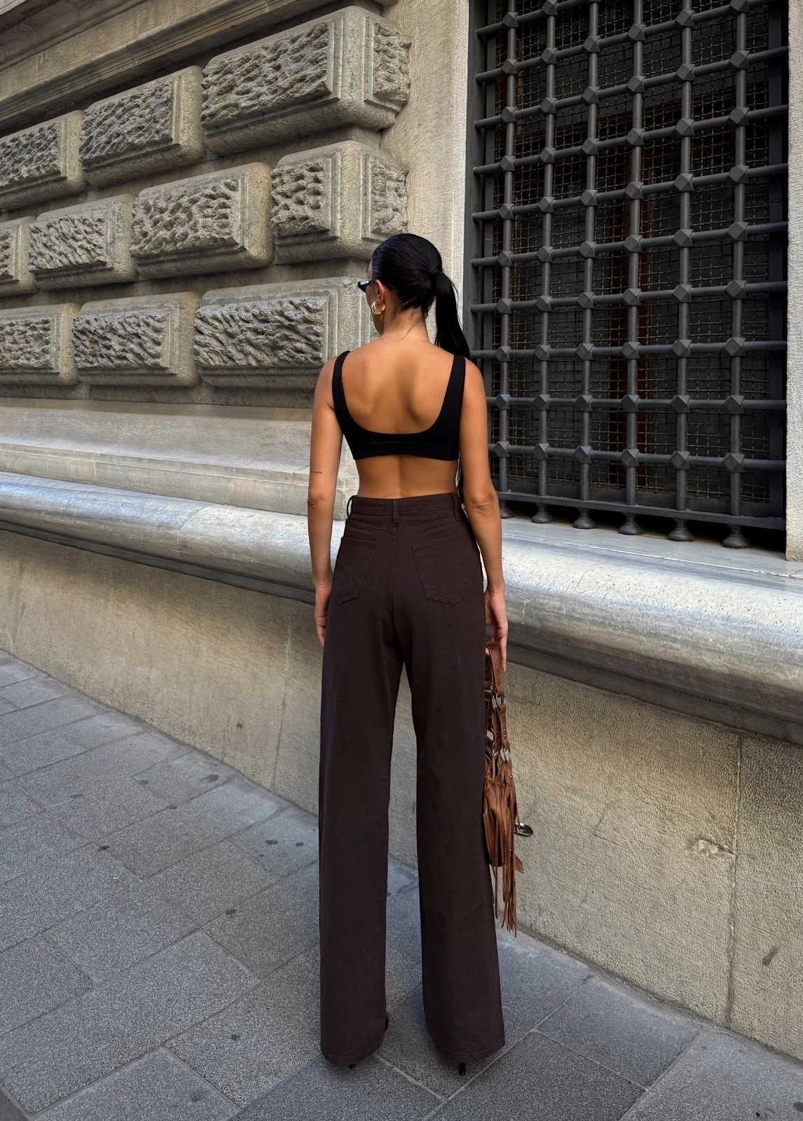 Pullaps Yüksek Bel İspanyol Paça Denim Pantolon Kahve