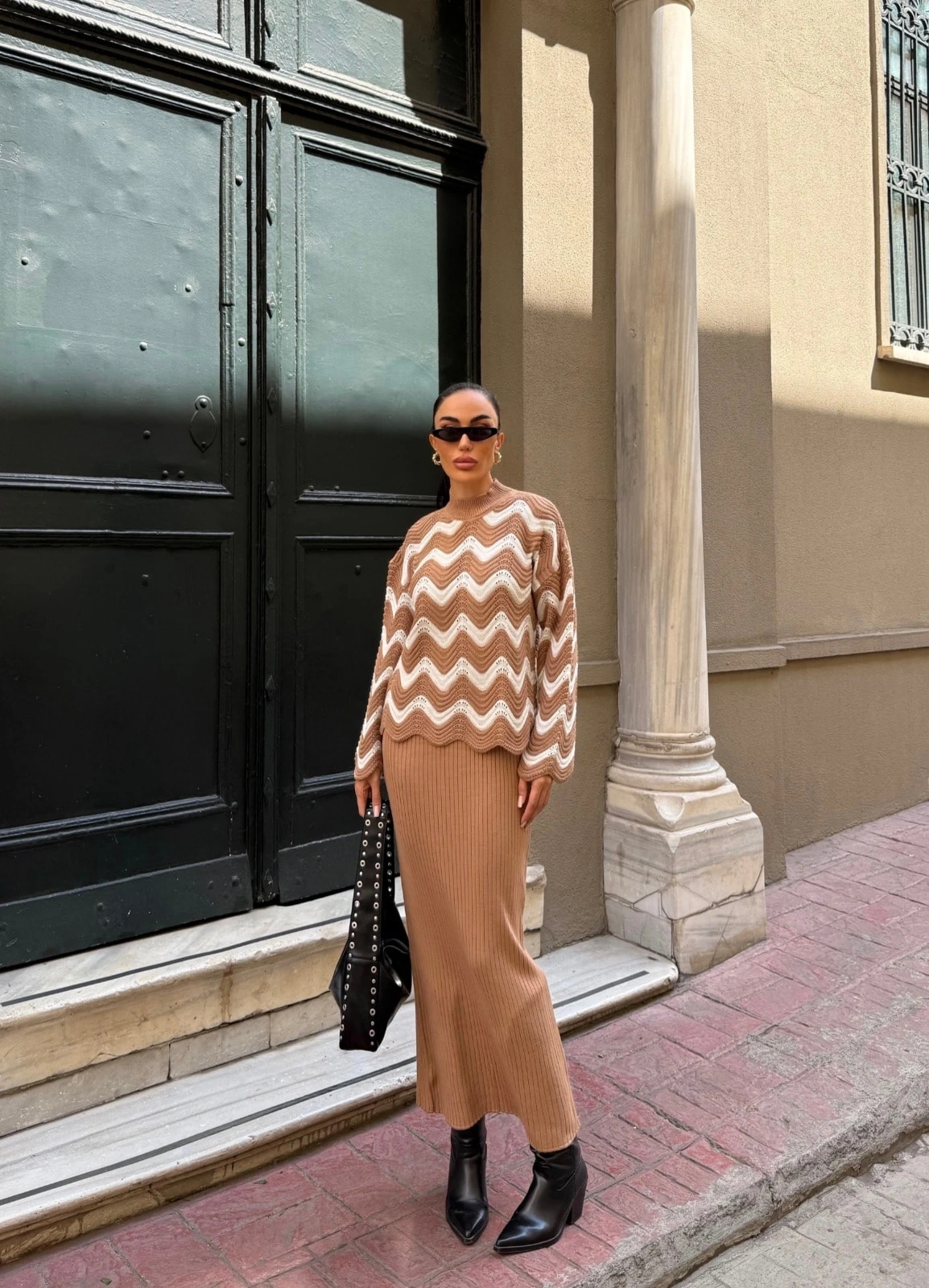 Pullaps Zigzak Desenli Kazak Ve Elbise Triko Takım Bisküvi