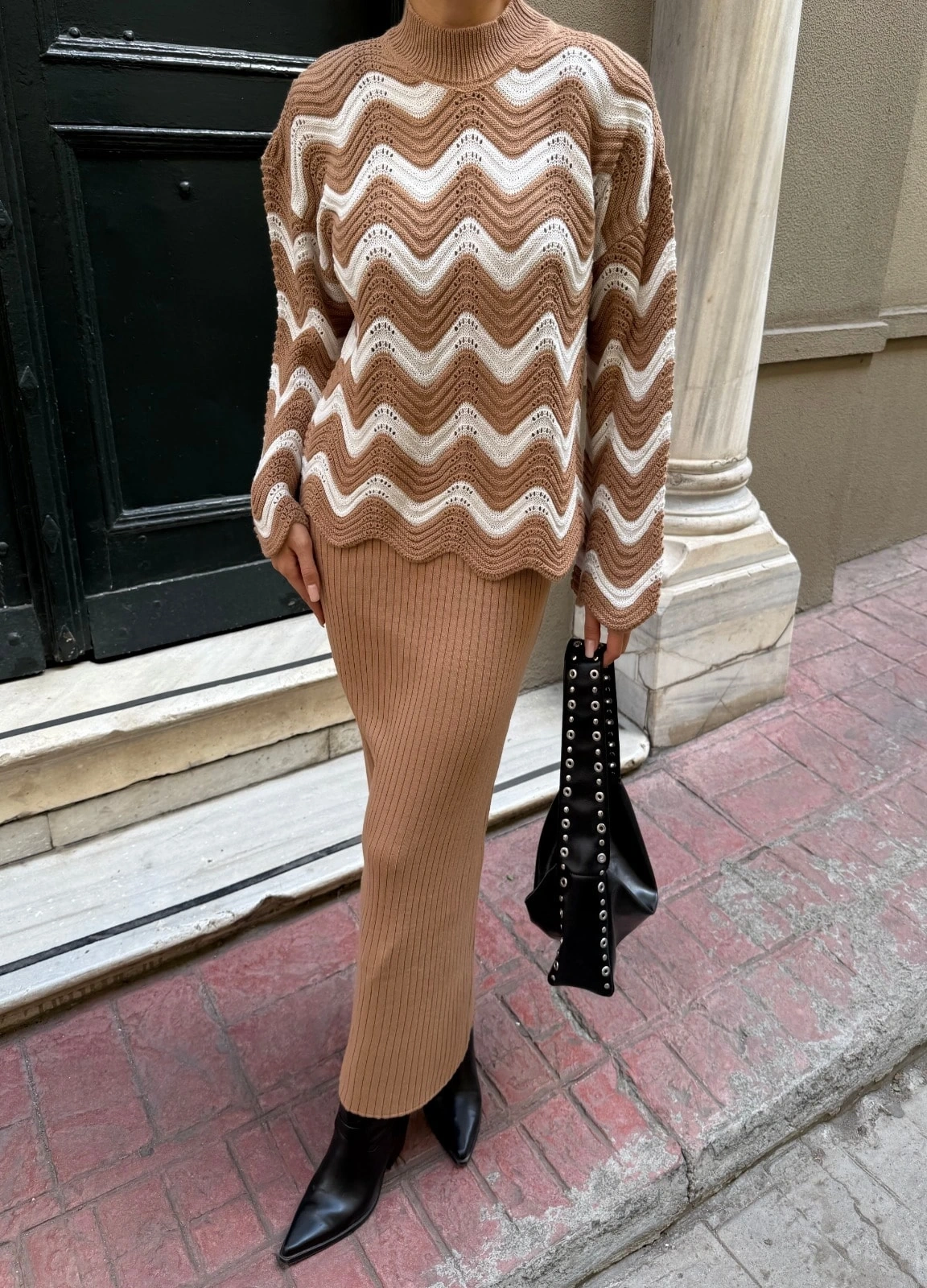 Pullaps Zigzak Desenli Kazak Ve Elbise Triko Takım Bisküvi