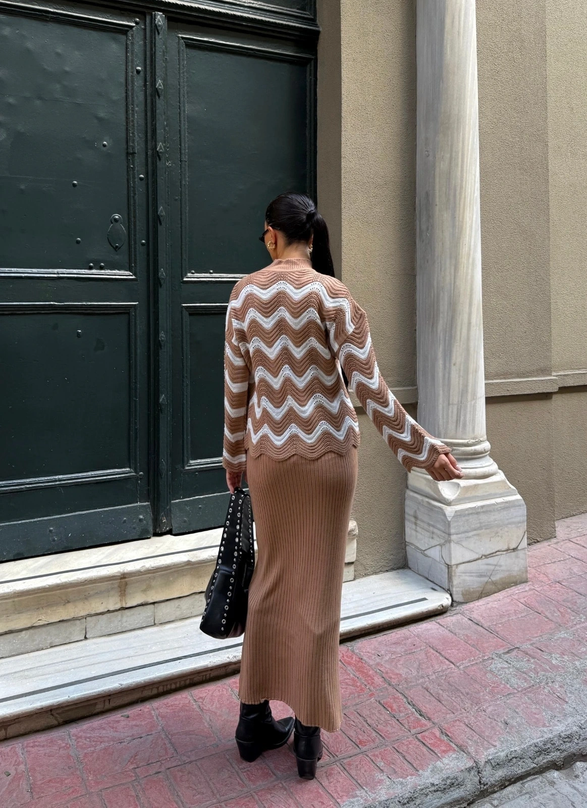 Pullaps Zigzak Desenli Kazak Ve Elbise Triko Takım Bisküvi