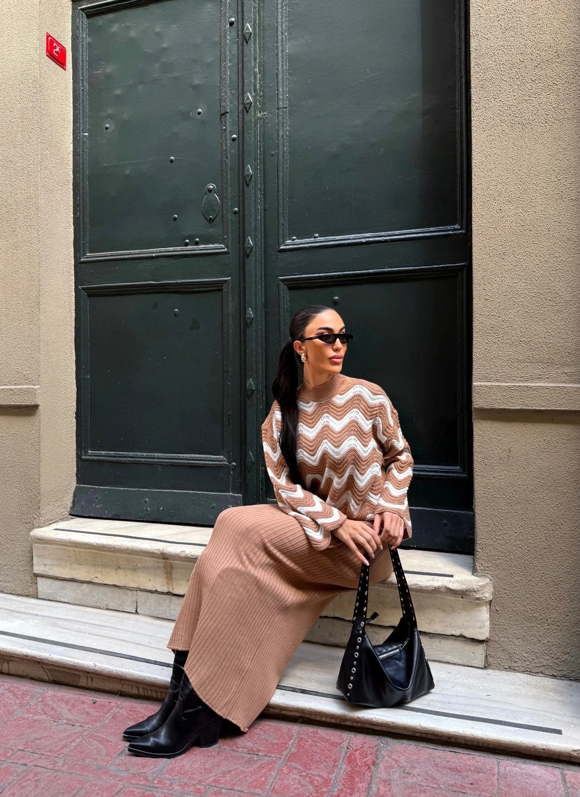 Pullaps Zigzak Desenli Kazak Ve Elbise Triko Takım Bisküvi