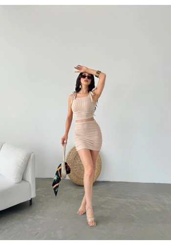 Bağcık Detaylı Crop Bluz Ve Etek İkili Takım