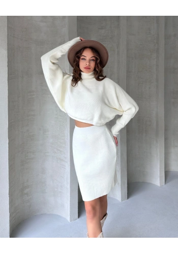 Pullaps Balıkçı Yaka Yarasa Kol Bluz Ve Etek İkili Triko Takım Beyaz