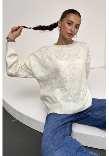 Pullaps Bisiklet Yaka Baklava Desenli Triko Kazak Beyaz