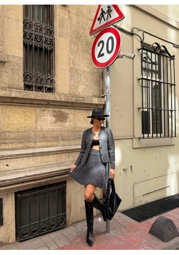 Pullaps Bisiklet Yaka Hırka Ve Pile Detaylı Etek Triko Takım Gri