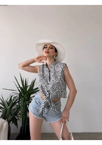 Çiçek Desenli Bağlama Detaylı Crop Gömlek Bluz