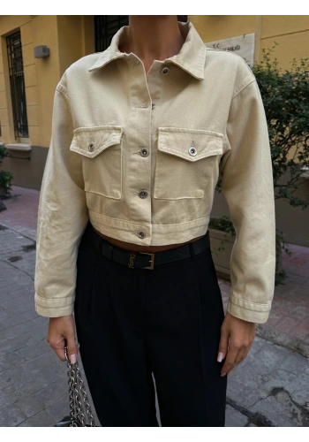 Pullaps Çift Cep Denim Crop Ceket Bej