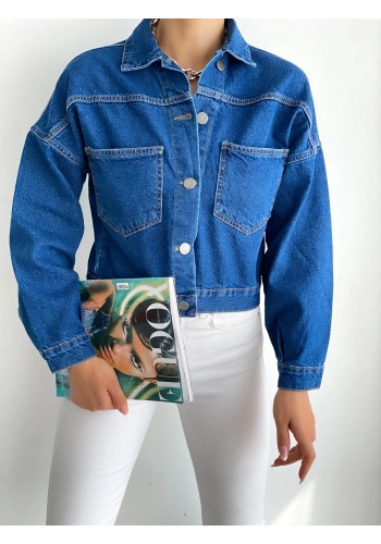 Pullaps Düz Cepli Denim Crop Ceket Mavi