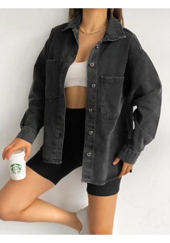 Pullaps Çift Cepli Oversize Denim Gömlek Ceket Antrasit