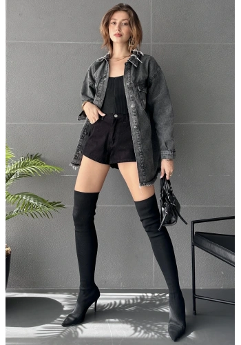 Pullaps Çift Cepli Yırtık Detaylı Oversize Gömlek Ceket Antrasit