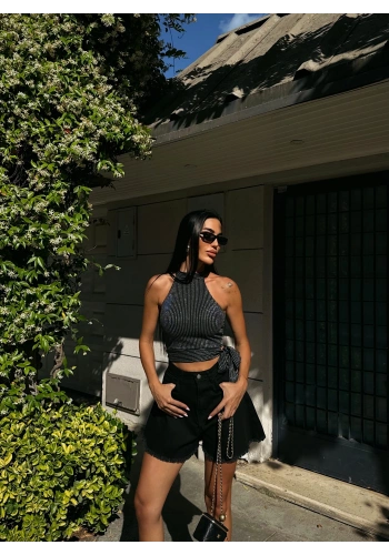 Çizgili Beli Kuşak Detaylı Halter Bluz