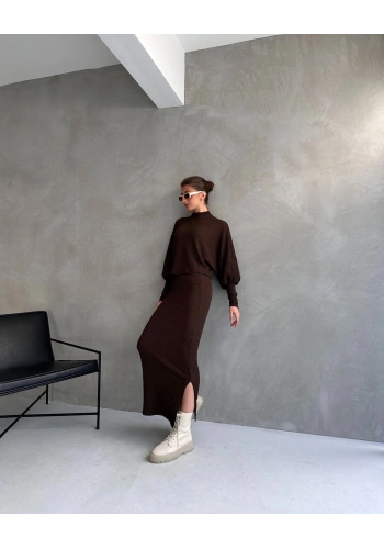 Pullaps Dokulu Yırtmaç Detaylı Etek Ve Bluz 2Lİ Takım Kahve