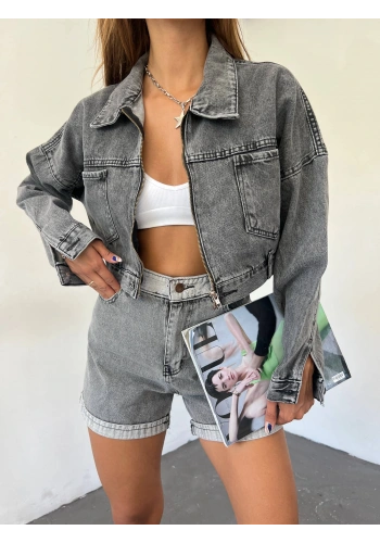 Pullaps Fermuarlı Çift Cepli Kot Mont Antrasit