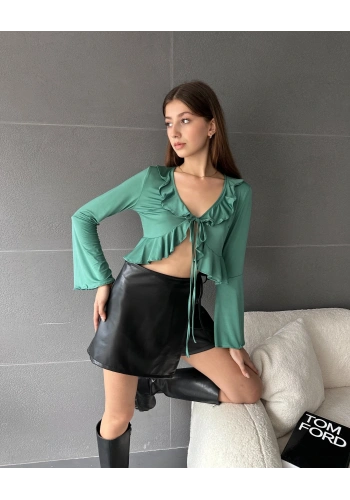 Fırfır Detaylı Önü Bağlamalı Crop Bluz