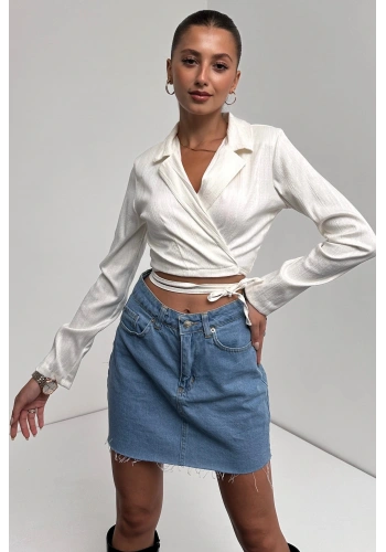 Gömlek Yaka Beli Bağlamalı Crop Bluz