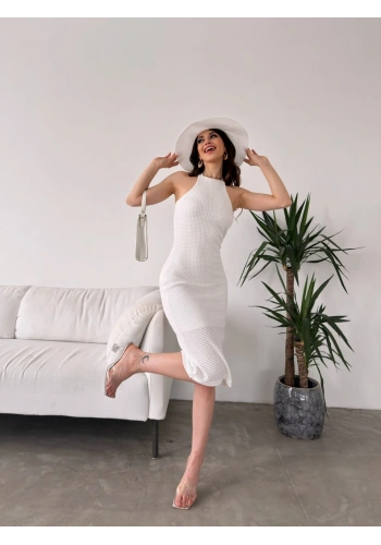 Halter Yaka Sırtı Çapraz Bant Detaylı Triko Elbise