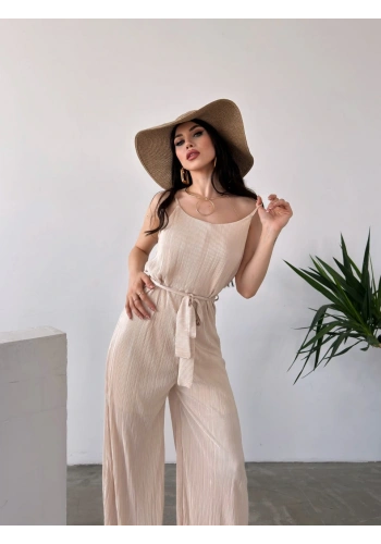 İp Askılı Kuşaklı Krinkle Tulum