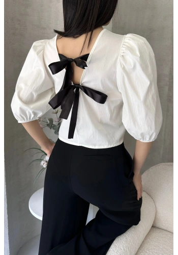 Karpuz Kol Sırtı Fiyonk Detaylı Poplin Bluz