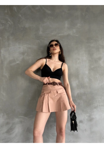 Kemerli Kapak Detaylı Gabardin Şort Etek