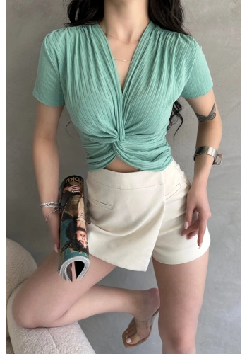 Kruvaze Yaka Crop Bluz