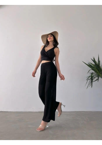 Kruvaze Yaka Crop Bluz Ve Detaylı Pantolon Triko  İkili Takım