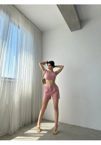 Kruvaze Yaka Düğme Detaylı Crop Yelek Ve Şort İkili Takım