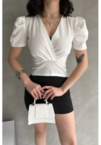 Kruvaze Yaka Karpuz Kol Crep Bluz