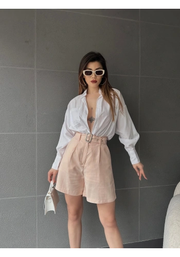 Kuş Gözü Kemerli Geniş Paçalı Mom Şort