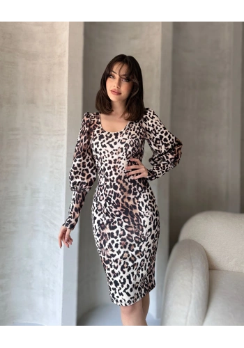 Pullaps Leopar Desenli Midi Boy Elbise Byz