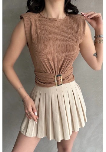 Omuzu Vatkalı Beli Kemerli Bürümcük Bluz