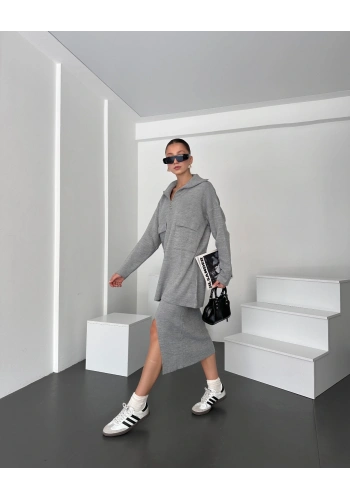 Önü Fermuarlı Kazak Ve Yırtmaç Detaylı Etek Alt Üst Triko Takım