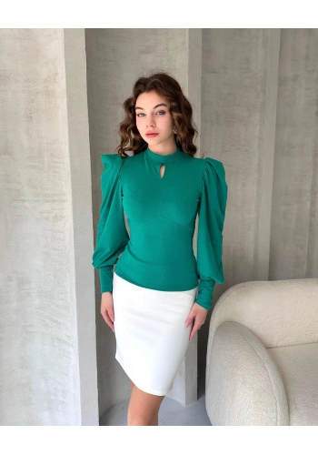Öpücük Yaka Prenses Kol Crep Bluz Yeşil