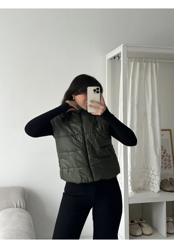 Pullaps Altı Lastikli Çift Cepli Şişme Yelek Haki