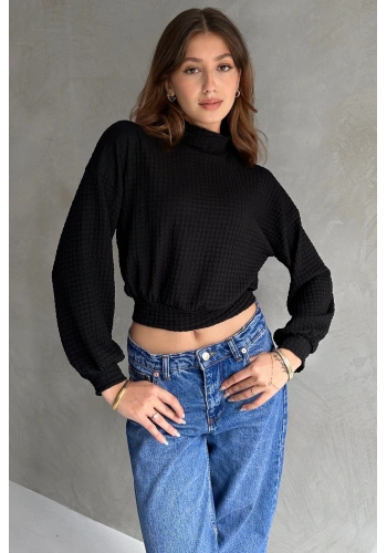 Pullaps Balıkçı Yaka Dokulu Crop Bluz Siyah