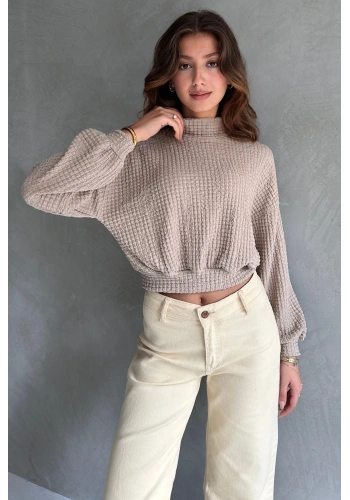 Pullaps Balıkçı Yaka Dokulu Crop Bluz Vizon