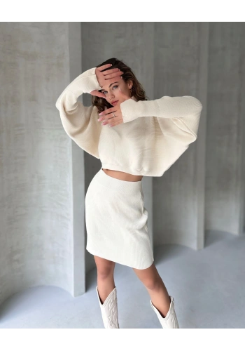 Pullaps Balıkçı Yaka Yarasa Kol Bluz Ve Etek İkili Triko Takım Krem