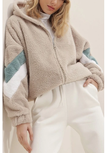 Pullaps Bej Kapüşonlu Fermuarlı Kolları Renk Bloklu Oversize Peluş Sweatshirt